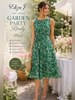 NWT Eliza J Green Floral Sleeveless Fit & Flare Dress Belted Fully Lined Size 8P